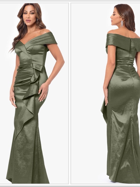Xscape Dresses & Skirts - Xscape Olive Green Off-Shoulder Ruffled Satin Gown